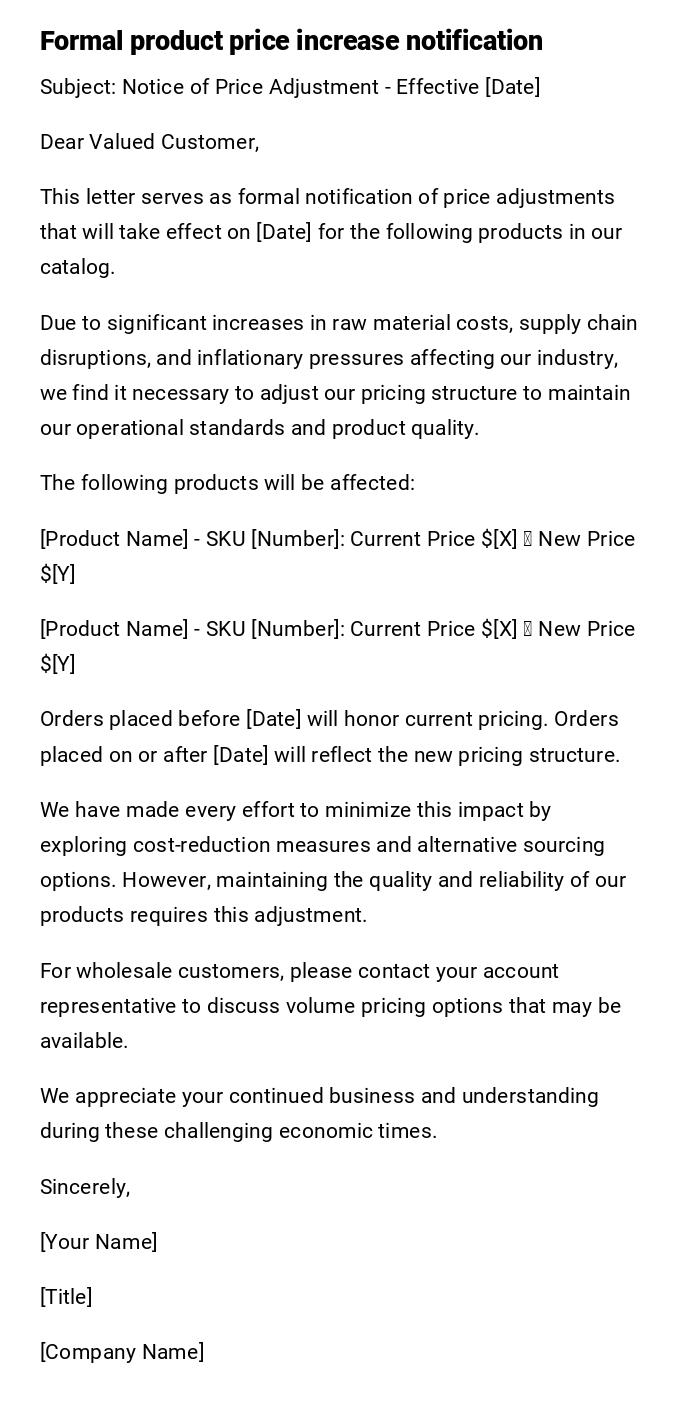 Formal product price increase notification Formal product price increase notification