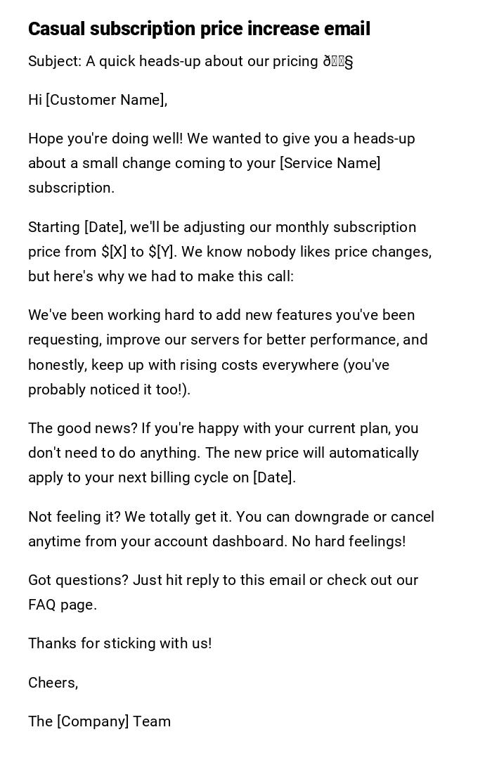 Casual subscription price increase email Casual subscription price increase email