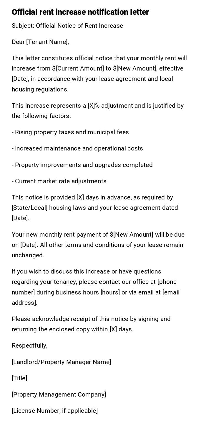 Official rent increase notification letter Official rent increase notification letter
