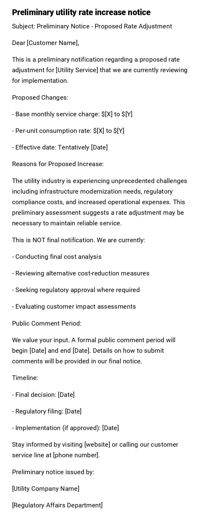 Preliminary utility rate increase notice Preliminary utility rate increase notice