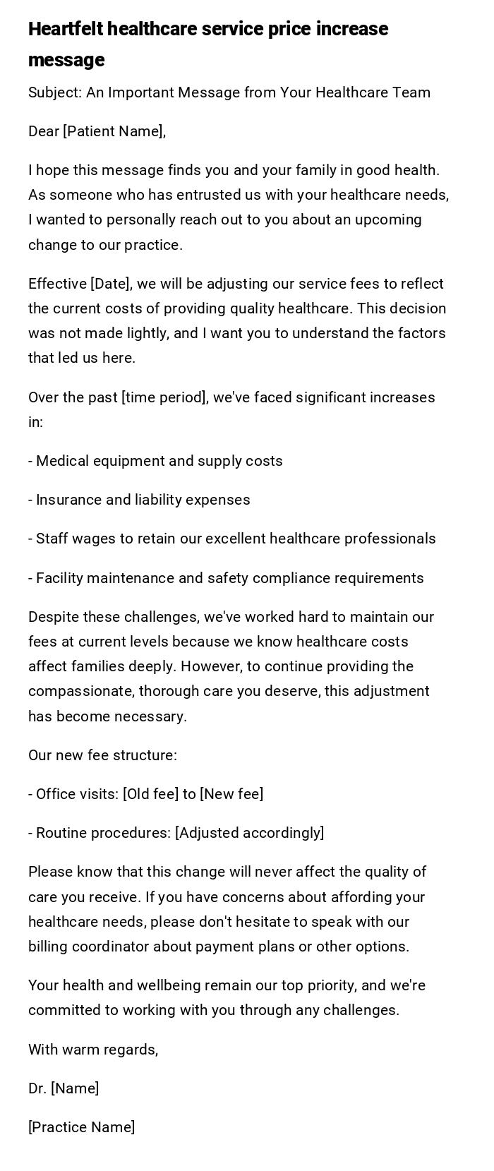 Heartfelt healthcare service price increase message Heartfelt healthcare service price increase message