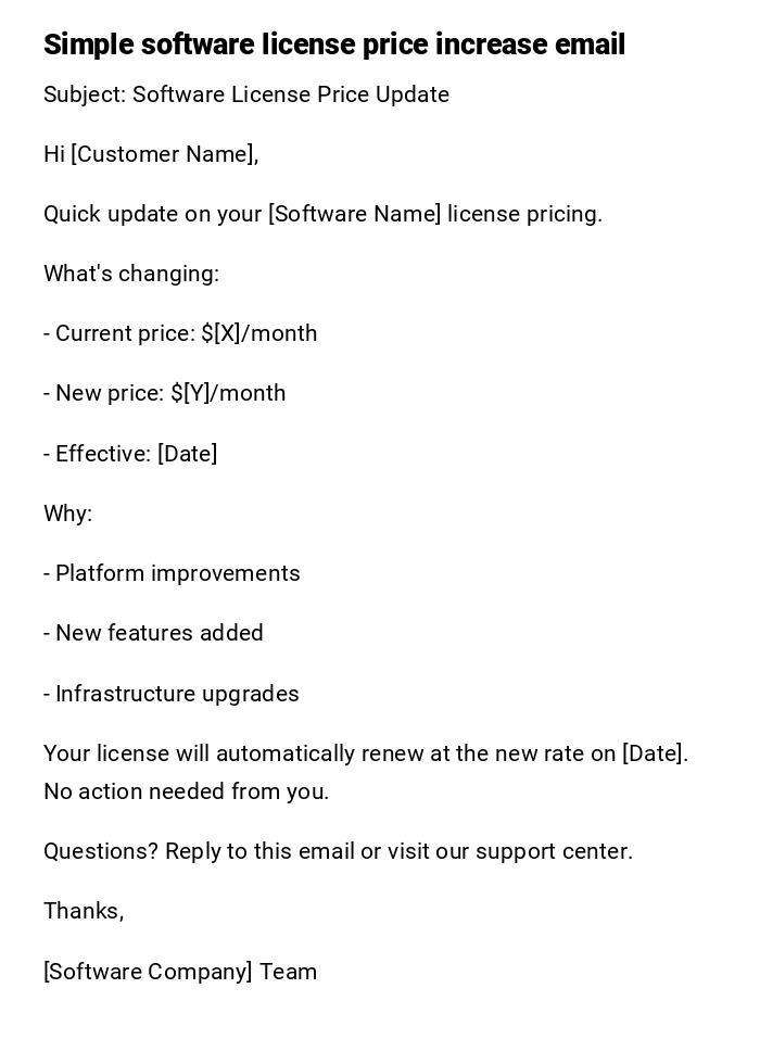 Simple software license price increase email Simple software license price increase email