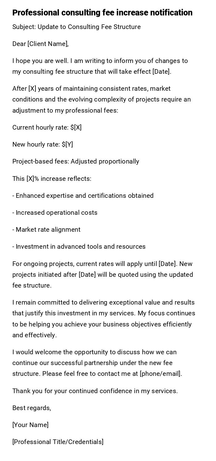 Professional consulting fee increase notification Professional consulting fee increase notification