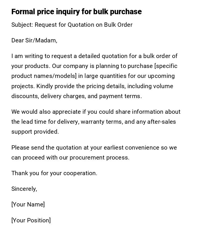 Formal price inquiry for bulk purchase