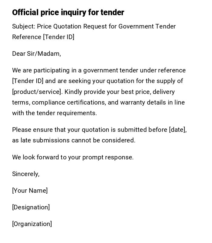Official price inquiry for tender
