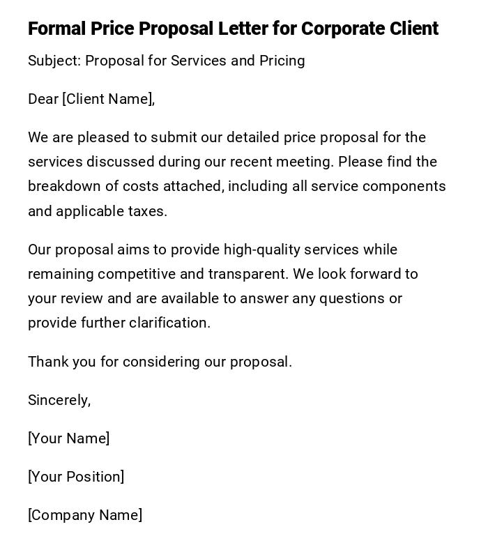 Formal Price Proposal Letter for Corporate Client