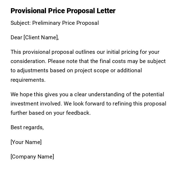 Provisional Price Proposal Letter