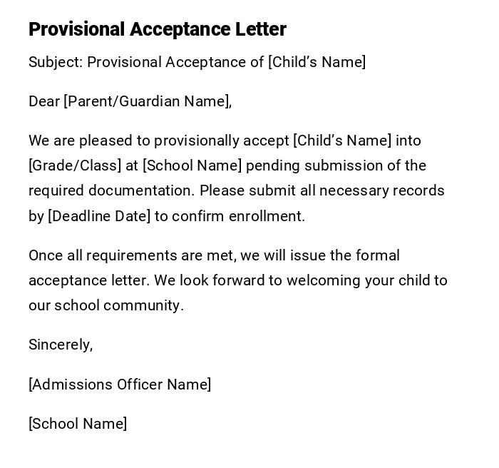 Provisional Acceptance Letter Provisional Acceptance Letter