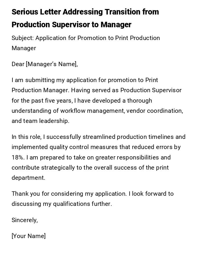 Serious Letter Addressing Transition from Production Supervisor to Manager Serious Letter Addressing Transition from Production Supervisor to Manager