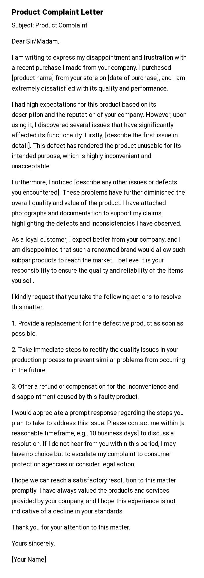 Product Complaint Letter