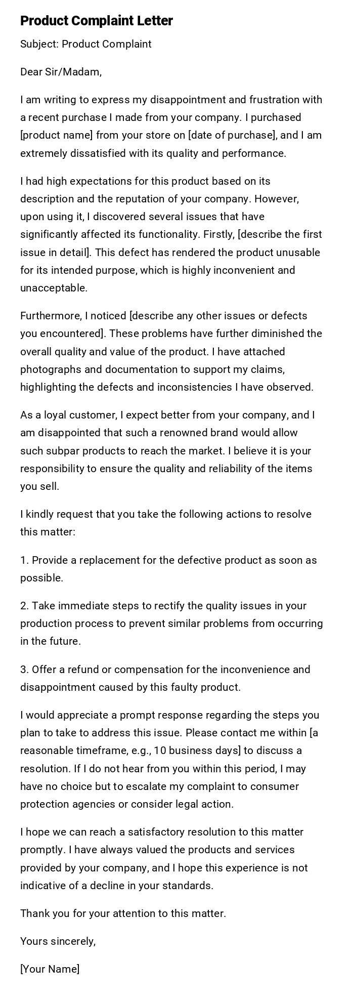 Product Complaint Letter