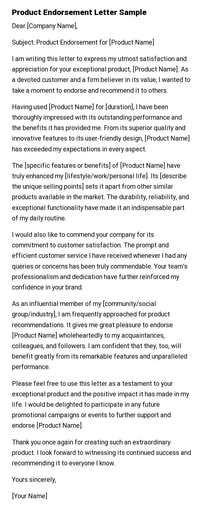 Product Endorsement Letter Sample