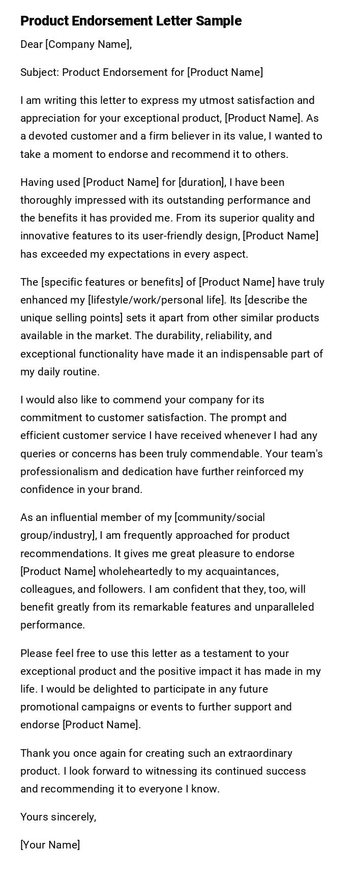 Product Endorsement Letter Sample