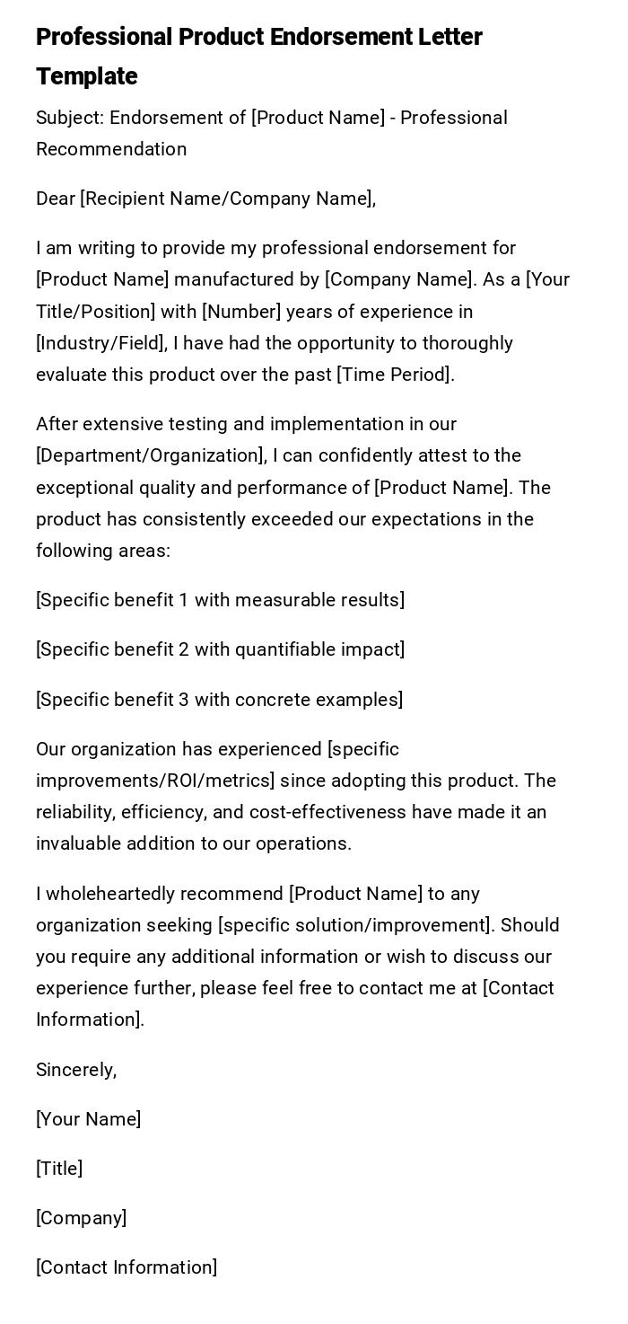 Professional Product Endorsement Letter Template