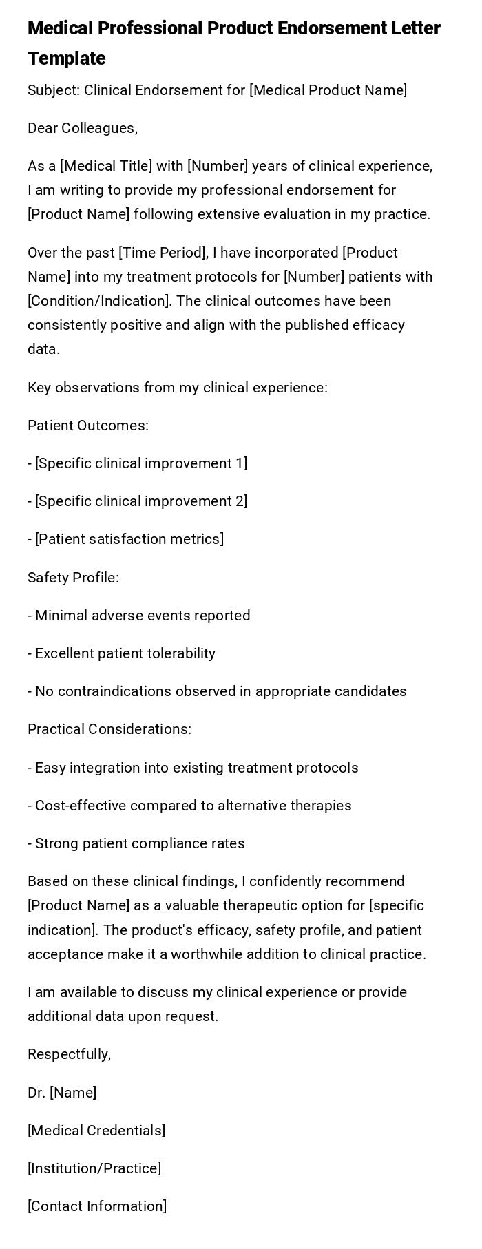 Medical Professional Product Endorsement Letter Template