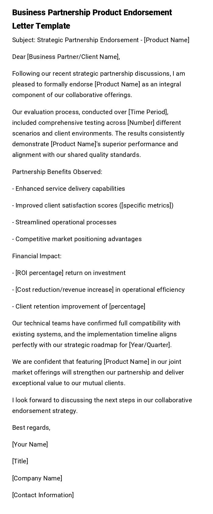 Business Partnership Product Endorsement Letter Template