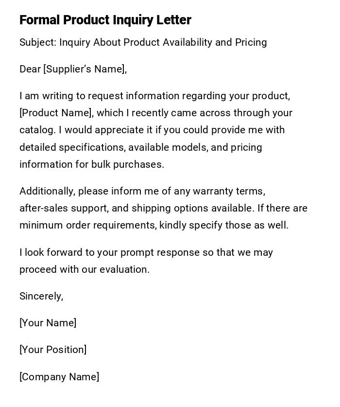 Formal Product Inquiry Letter Formal Product Inquiry Letter