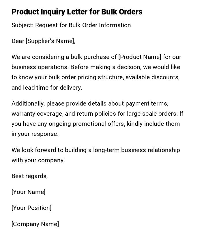 Product Inquiry Letter for Bulk Orders Product Inquiry Letter for Bulk Orders