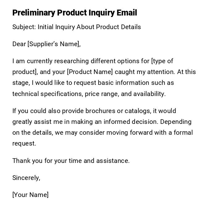 Preliminary Product Inquiry Email Preliminary Product Inquiry Email