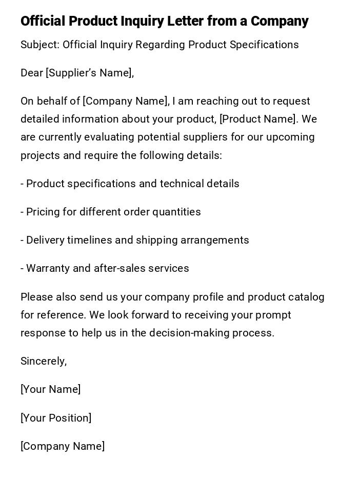 Official Product Inquiry Letter from a Company Official Product Inquiry Letter from a Company