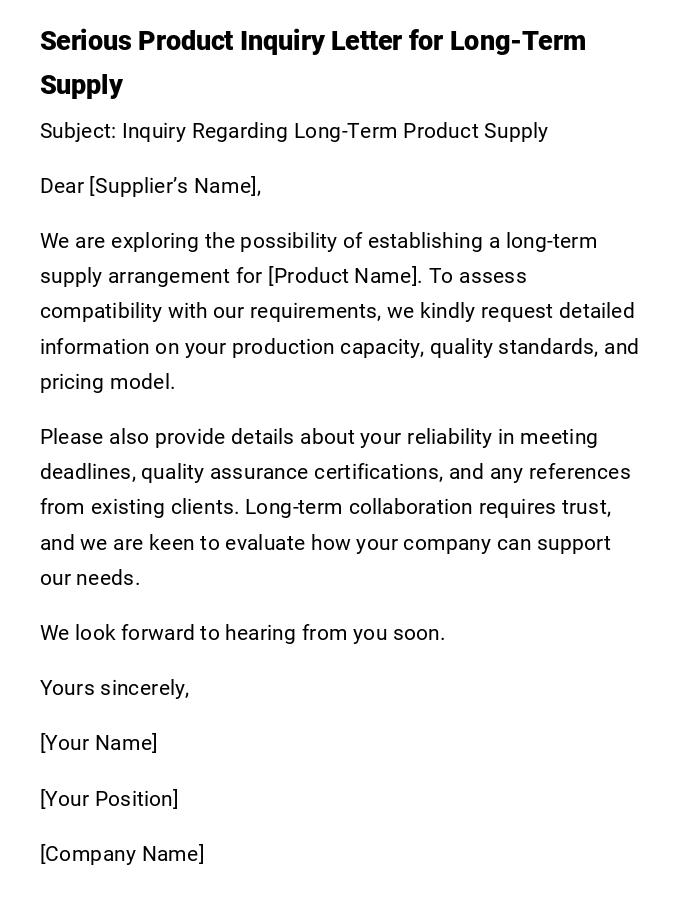 Serious Product Inquiry Letter for Long-Term Supply Serious Product Inquiry Letter for Long-Term Supply
