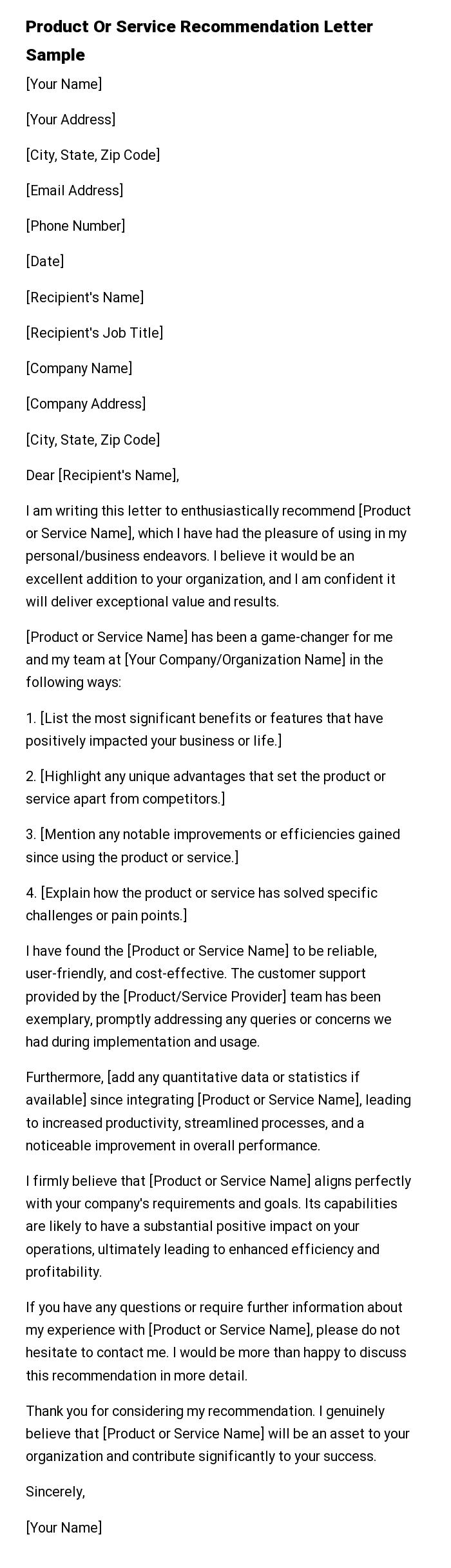 Product Or Service Recommendation Letter Sample