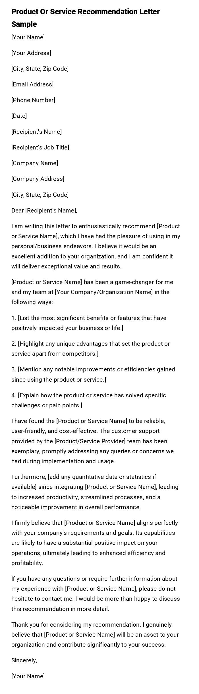 Product Or Service Recommendation Letter Sample