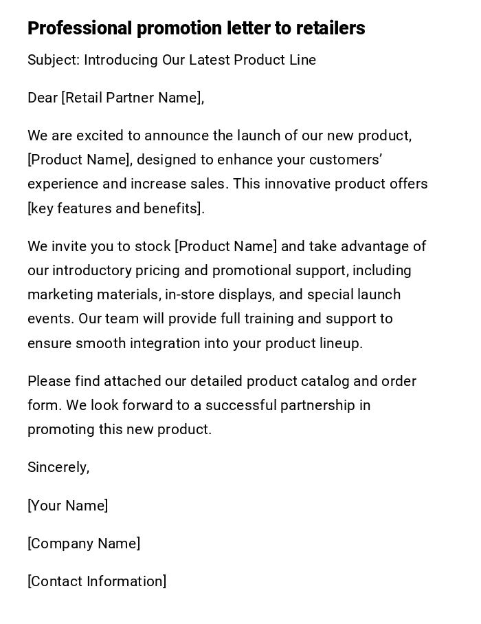 Professional promotion letter to retailers Professional promotion letter to retailers