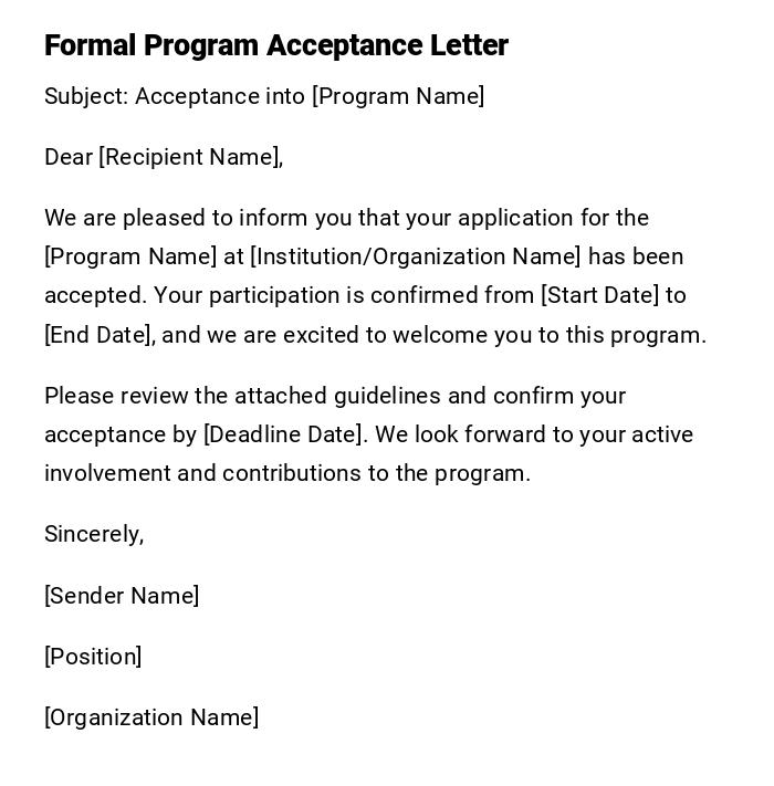 Formal Program Acceptance Letter Formal Program Acceptance Letter