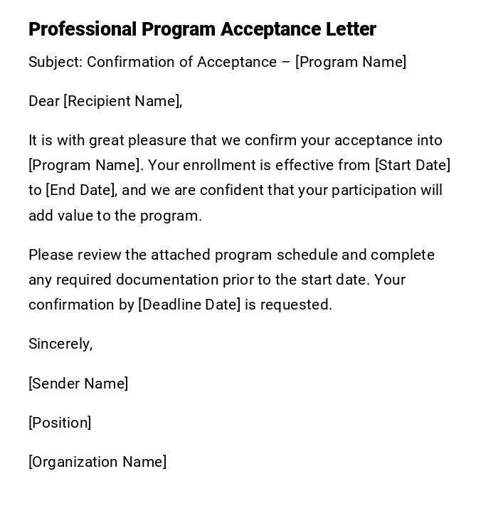 Professional Program Acceptance Letter Professional Program Acceptance Letter