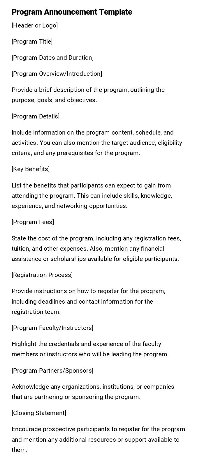 Program Announcement Template Program Announcement Template