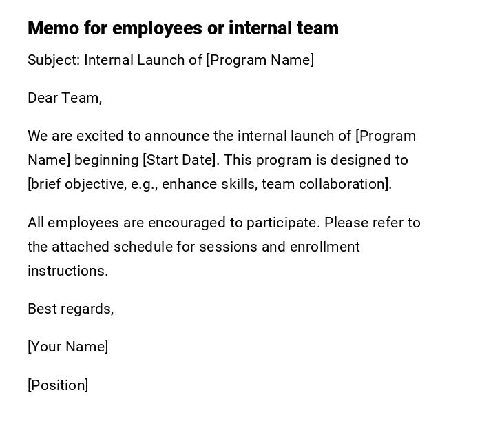 Memo for employees or internal team Memo for employees or internal team