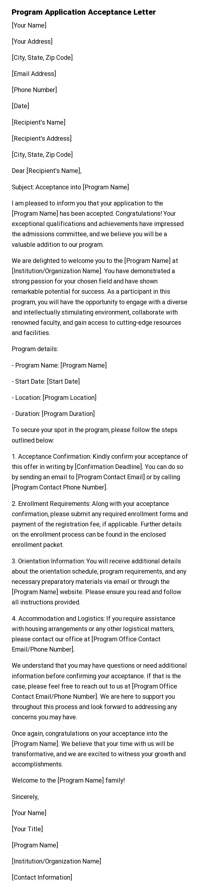 Program Application Acceptance Letter