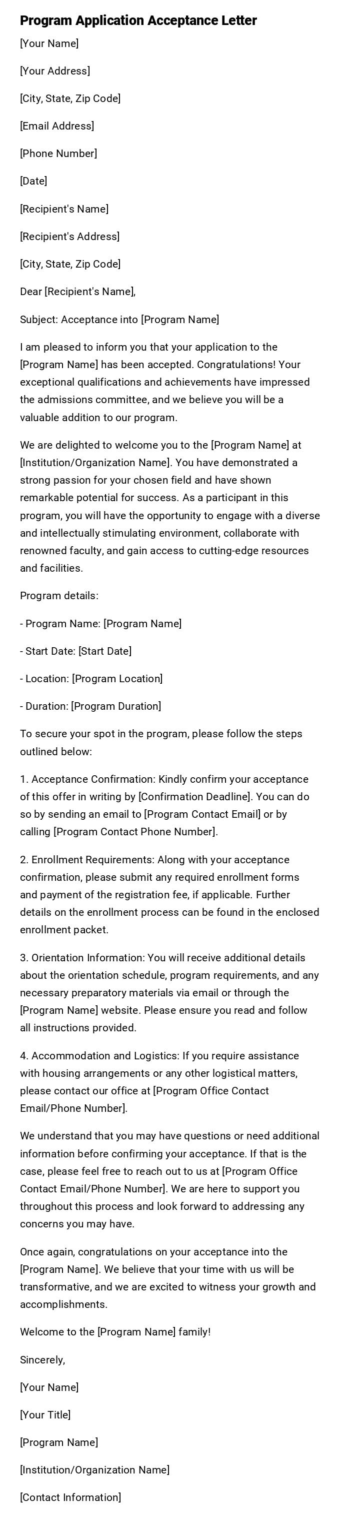 Program Application Acceptance Letter