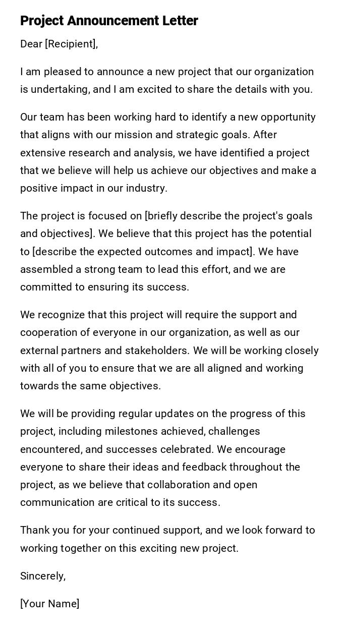 Project Announcement Letter Project Announcement Letter