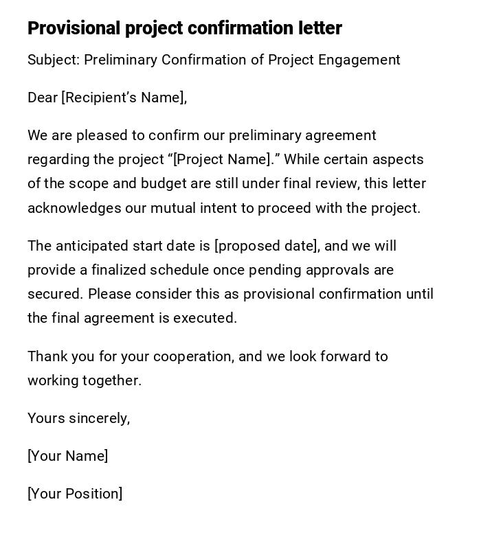 Provisional project confirmation letter