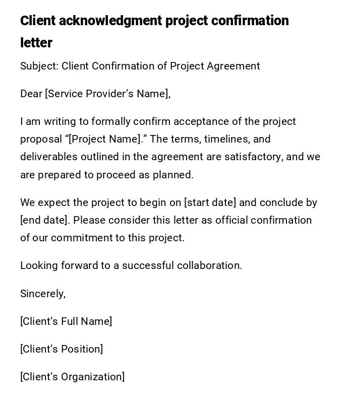 Client acknowledgment project confirmation letter