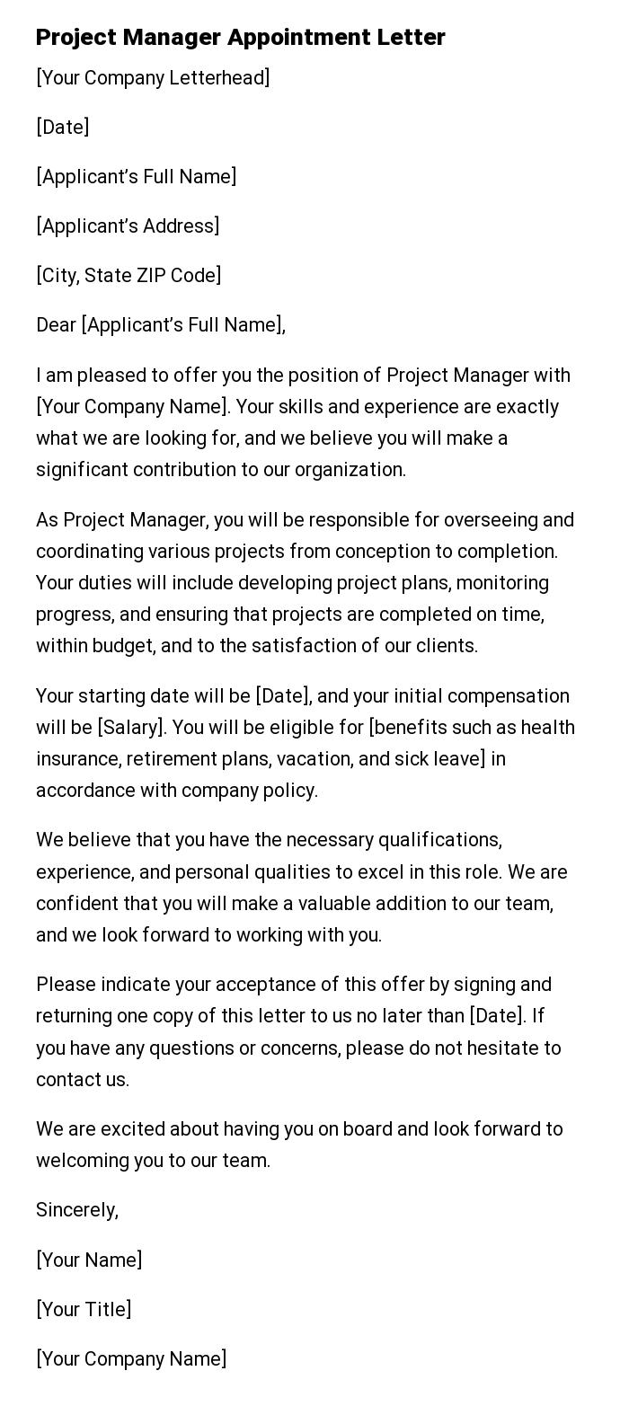 Project Manager Appointment Letter