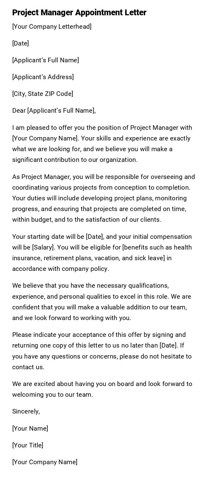 Project Manager Appointment Letter