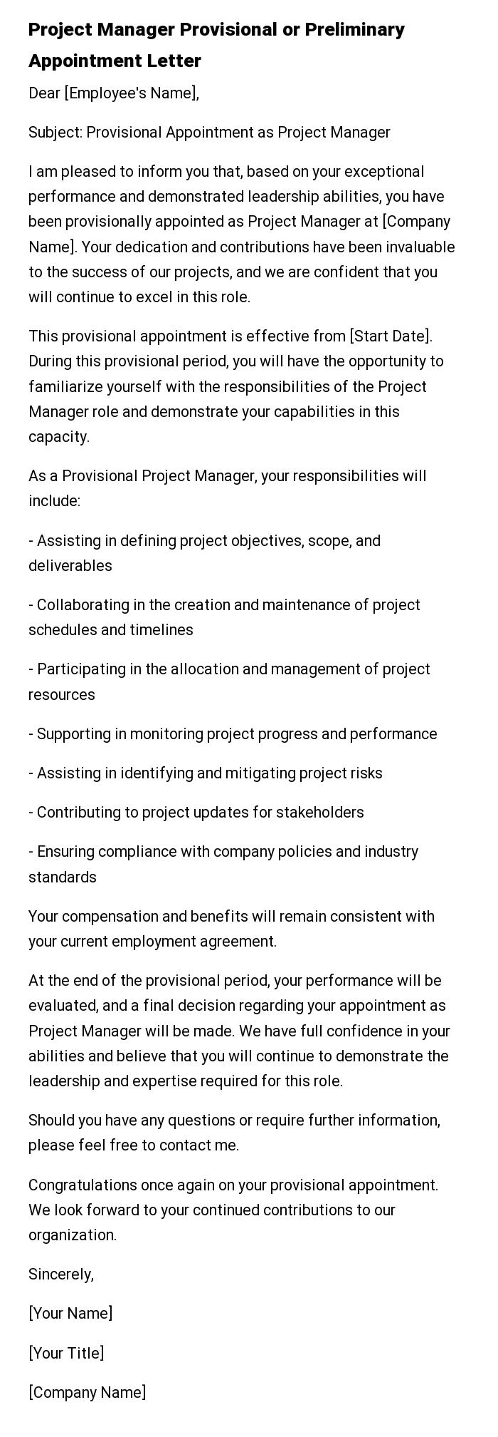 Project Manager Provisional or Preliminary Appointment Letter