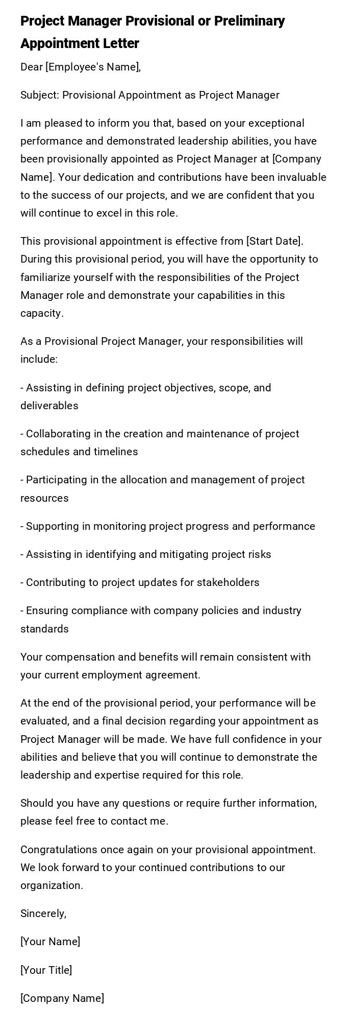 Project Manager Provisional or Preliminary Appointment Letter