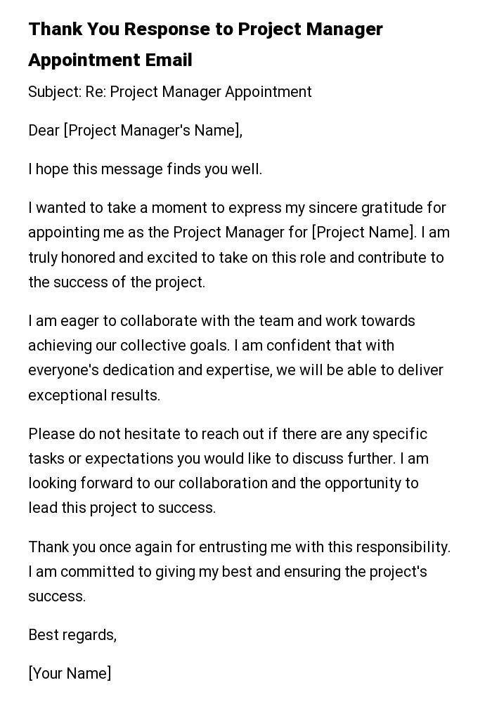 Thank You Response to Project Manager Appointment Email