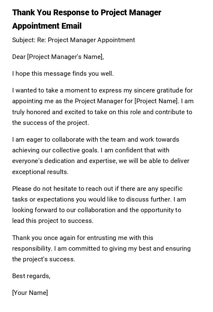 Thank You Response to Project Manager Appointment Email