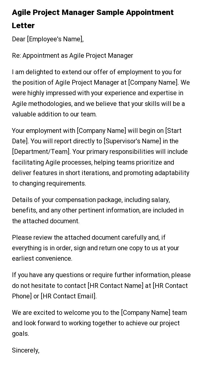 Agile Project Manager Sample Appointment Letter