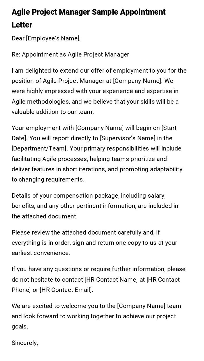 Agile Project Manager Sample Appointment Letter