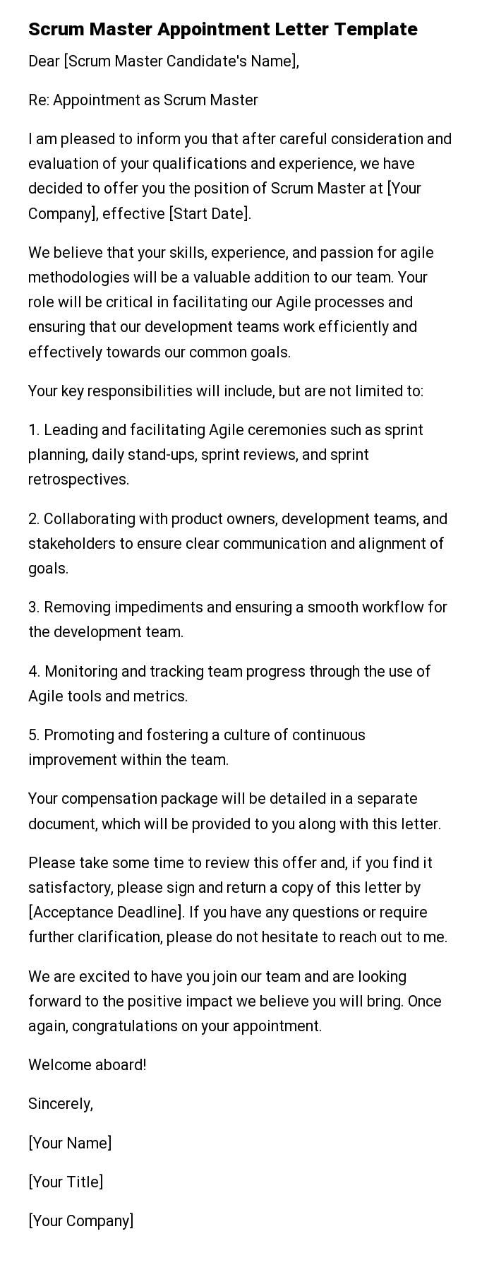 Scrum Master Appointment Letter Template