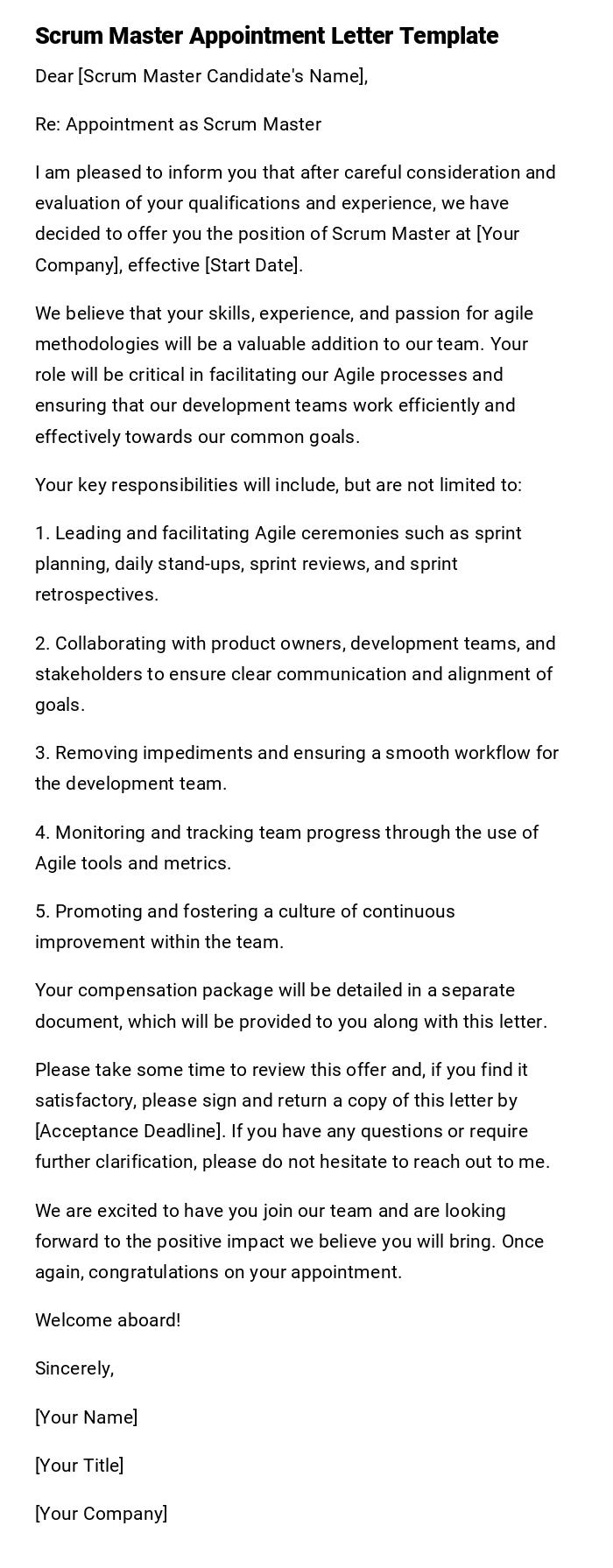 Scrum Master Appointment Letter Template