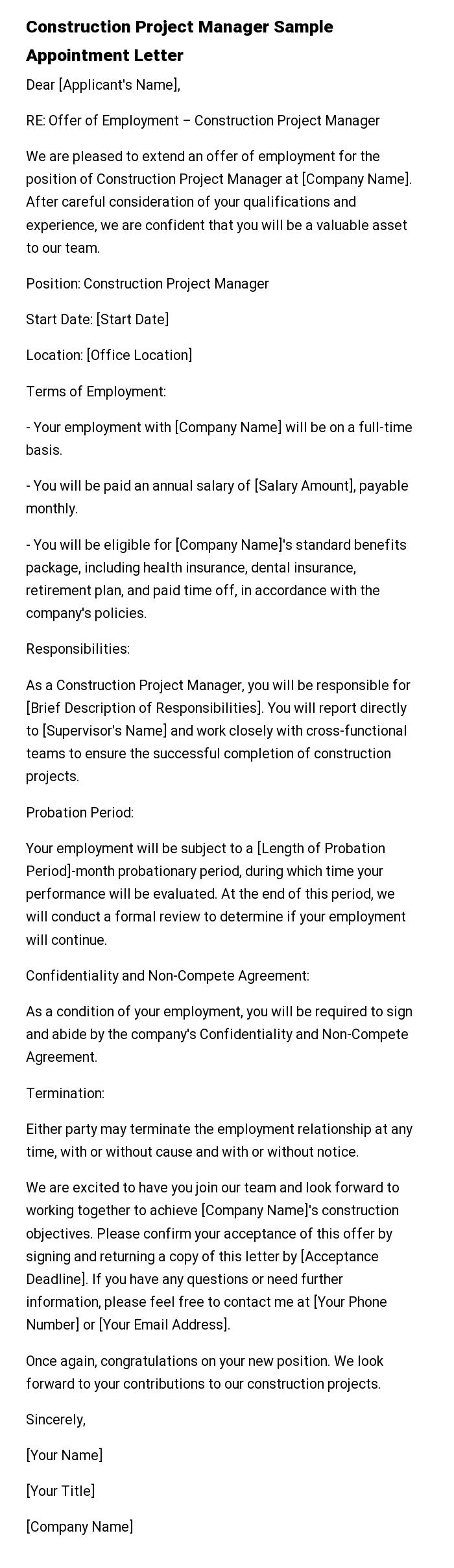 Construction Project Manager Sample Appointment Letter