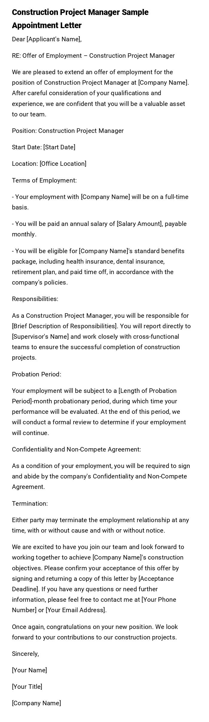 Construction Project Manager Sample Appointment Letter