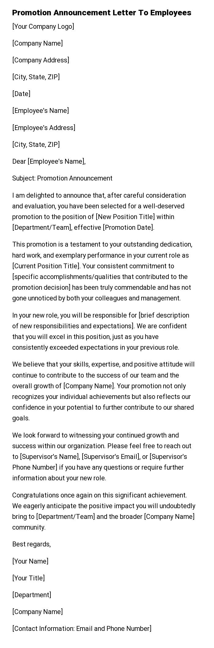 Promotion Announcement Letter To Employees